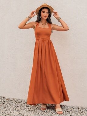 ❤️Hello Gorgeous! Crisscross Back Smocked Square Neck Maxi Dress-Pumpkin